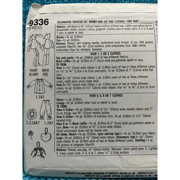 Simplicity 9336 Sewing pattern decorative stuffed bunny cat clothes - Picture 4 of 5